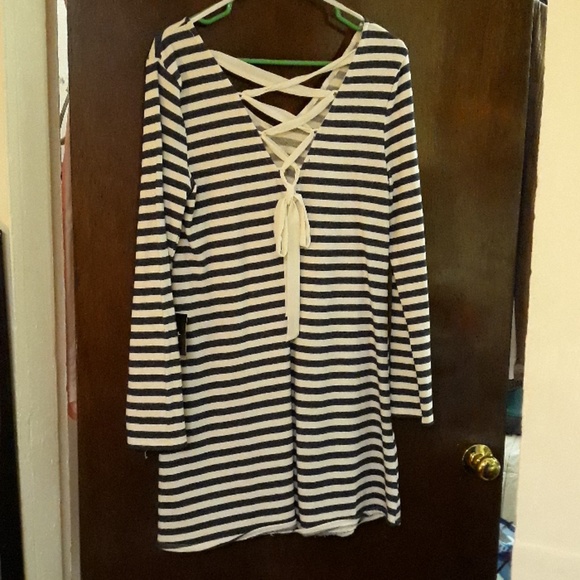 XL by & by striped french terry lace-up back dress - Picture 2 of 3